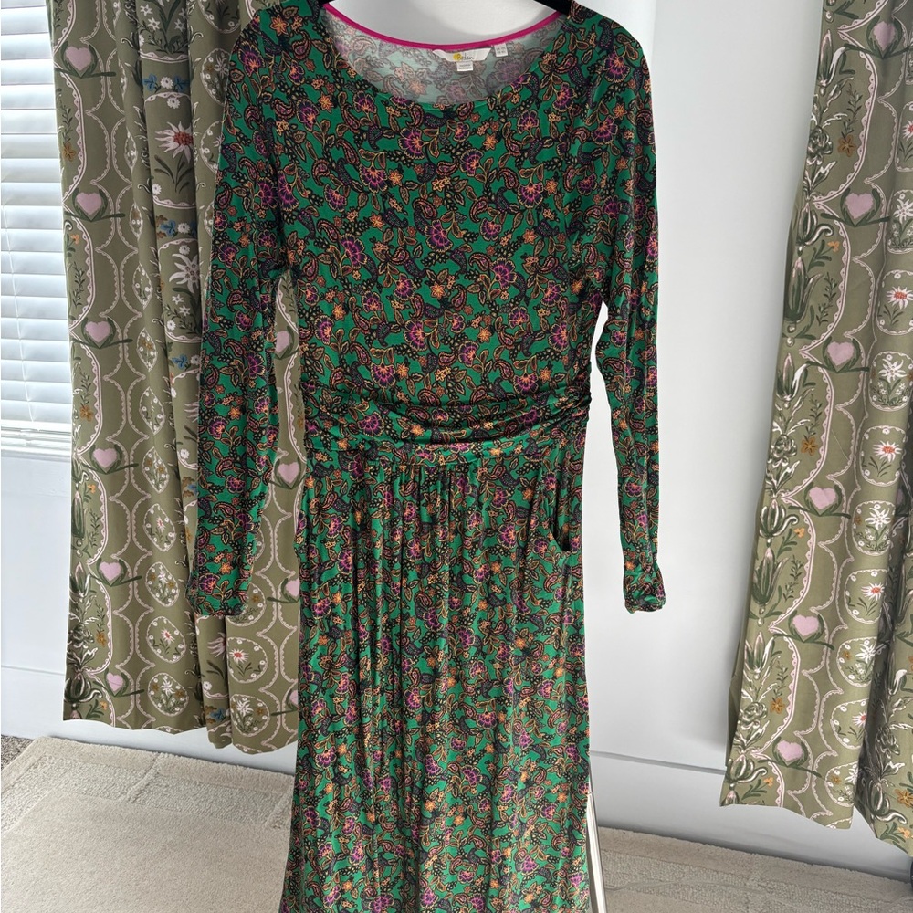 Boden Green Floral Long-Sleeve Jersey Maxi Dress